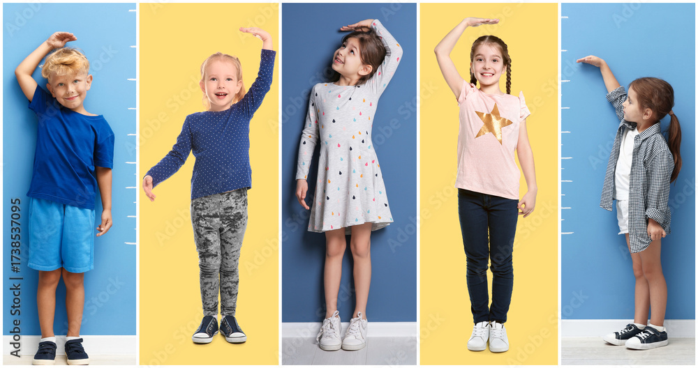 Obraz premium Cute children measuring their heights near blue wall and yellow background, collage of portraits
