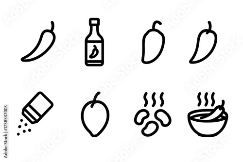 Spicy Beans Icons. Solid, filled icon set of spicy beans: chili pepper, hot sauce bottle, jalapeno, cayenne pepper, red pepper flakes, habanero, smoky beans,