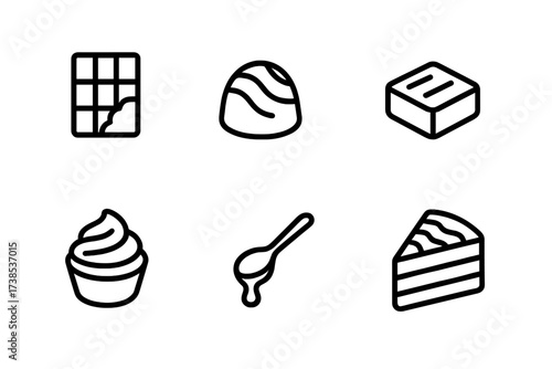 Chocolate Icons Set. Outline icon set of chocolate types: chocolate bar, chocolate truffle, chocolate bonbon, chocolate square, chocolate chip, chocolate