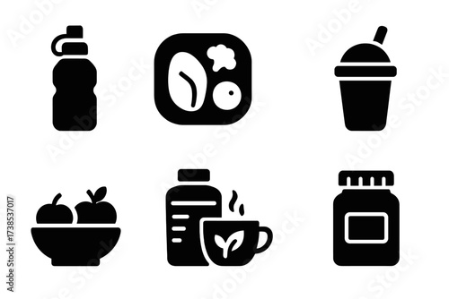 Recovery Nutrition Icons. Solid, filled icon set of recovery nutrition: water bottle, healthy meal, vitamin pill, smoothie, fruit bowl, protein shake, herbal