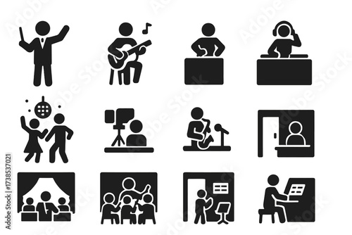 Music Icons Grid. Solid, filled icon set of tempo live settings: conductor, musician, dance floor, DJ booth, band, recording studio, orchestra, practice room.