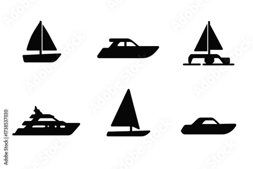 Yacht Icon Set. Solid, filled icon set of yacht types: sailing yacht, motor yacht, catamaran, trimaran, superyacht, racing yacht, cabin cruiser, inflatable