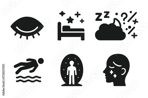 Prophetic Dream Icons. Solid, filled icon set of prophetic dreams: closed eye, starlit bed, sleep cloud, hovering symbols, floating body, dream gate, lucid