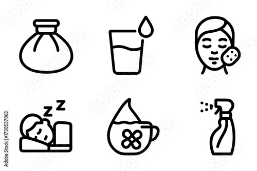 Windburn Relief Icons. Solid, filled icon set of windburn symptoms relief: cold pack, soothing lotion, hydration, gentle cleansing, rest, humidifier, chamomile