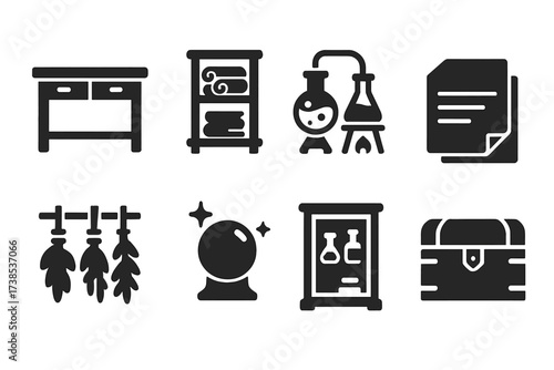 Alchemist Workshop Icons. Solid, filled icon set of alchemist's workshop: wooden desk, scroll shelf, bubbling station, parchment stack, hanging herbs, glowing