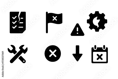 Project Failure Icons. Solid, filled icon set of project failure: broken checklist, failed flag, warning sign, cracked gear, crossed tools, error alert,