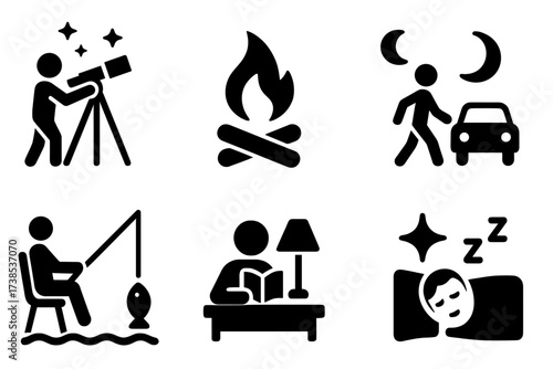 Night Activities Icons. Solid, filled icon set of night activities: stargazing, campfire, moonlit walk, night driving, night fishing, reading by lamp, night