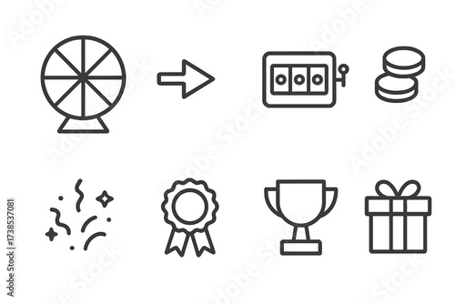 Luck Spinner Icons. Outline icon set of luck spinner: fortune wheel, pointer arrow, jackpot, coins, confetti, prize ribbon, trophy, gift box. Line icons in