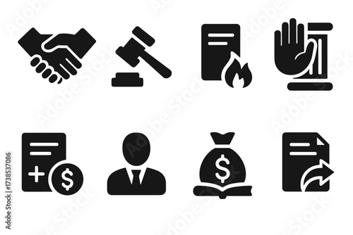 Legal Outcomes Icons. Solid, filled icon set of lawsuit outcomes: settlement, judgment, dismissal, injunction, compensation, fine, verdict, appeal. [Solid,