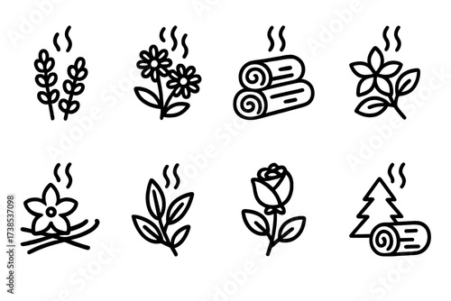 Calm Scent Icons. Solid, filled icon set of calm scents: lavender, chamomile, sandalwood, jasmine, vanilla, eucalyptus, rose, cedarwood. Line icons in only