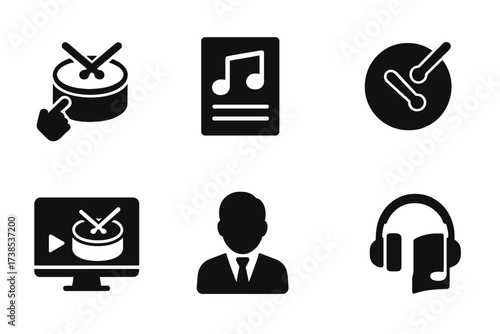 Hand Drum Icons. Solid, filled icon set of hand drum education: drum lesson, sheet music, metronome, practice pad, video tutorial, instructor, music book,