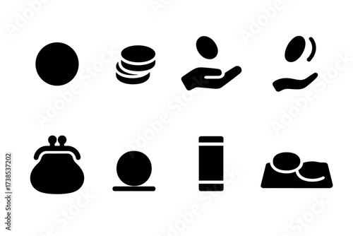 Coin Icon Set. Solid, filled icon set of loose change: penny, small coin pile, coin in palm, coin toss, coin purse, coin on table, coin roll, coin tray. [Line