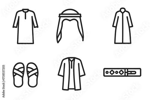 Saudi Clothing Icons. Outline icon set of Saudi traditional clothing: Thobe, Ghutra headdress, Agal, Abaya, Niqab, Sandals, Bisht cloak, Embroidered belt. Line