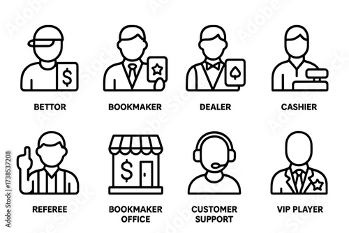 Wager Icons Outline. Outline icon set of wager participants: bettor, bookmaker, dealer, cashier, referee, bookmaker office, customer support, VIP player. Line