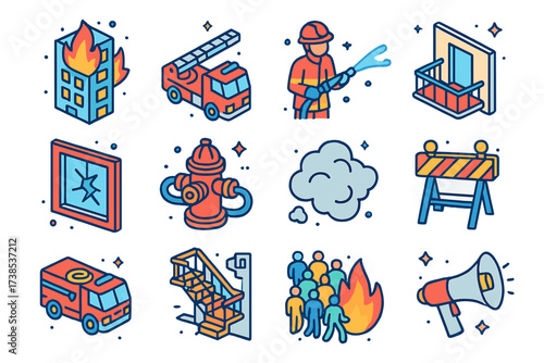 Urban Firefighting Icons. Urban firefighting. Colorful isometric vector icons set of urban firefighting: high-rise building on fire, ladder truck extended,