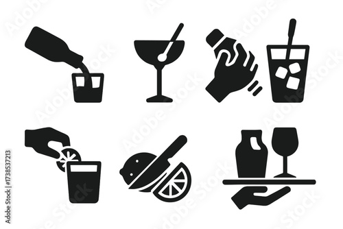 Happy Hour Icons. Solid, filled icon set of happy hour drink preparation: pouring drink, mixing cocktail, shaking shaker, stirring glass, adding garnish,