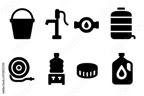 Water Equipment Icons. Solid, filled icon set of water equipment: bucket, water pump, water meter, water tank, hose reel, water cooler, water bottle cap, water