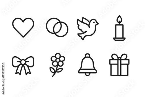 Marriage Symbols Icons. Outline icon set of marriage symbols: heart, wedding rings, dove, candle, ribbon, flower, bell, gift box. Line icons in only black