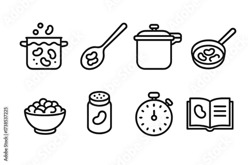 Bean Cooking Icon Set. Outline icon set of bean cooking process: boiling pot, stirring spoon, pressure cooker, frying pan, serving bowl, spice jar, timer,