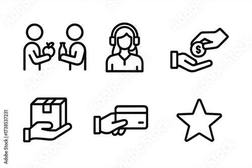 Service Exchange Icons. Outline icon set of service exchange: bartering, customer service, money handoff, contract signing, service handshake, delivery