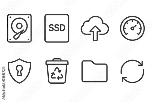 Hard Drive Icon Set. Outline icon set of hard drive brands and logos: generic hard drive, SSD label, cloud backup, speedometer, security shield, recycle bin,