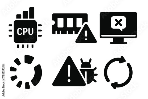 System Overload Icons. Solid, filled icon set of system overload: CPU max load, memory full, error message, crash screen, loading wheel, warning symbol,