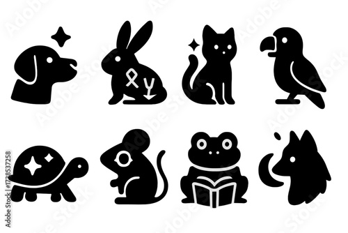 Enchanted Pet Icons. Solid, filled icon set of enchanted pet companions: magic dog, runed rabbit, glimmering cat, talking parrot, spellbound turtle, psychic