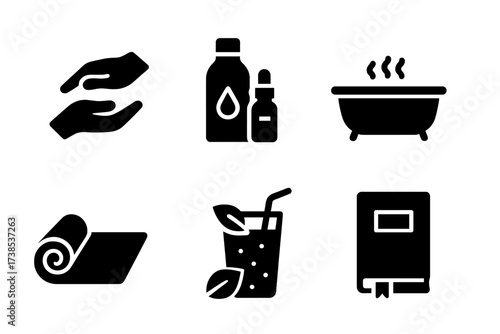 Wellness Icons Collection. Solid, filled icon set of wellness routines: massage hands, essential oils, bath tub, herbal tea, yoga mat, sleep mask, green