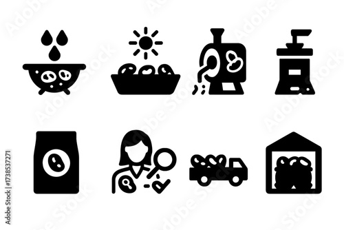 Pinto Bean Processing Icons. Solid, filled icon set of pinto bean processing: washing beans, drying, roasting, grinding, packing, quality control,
