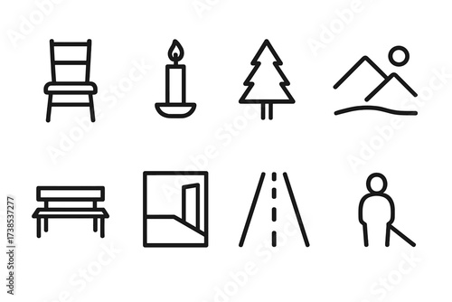 Solitude Icon Set. Outline icon set of longing solitude: empty chair, single candle, lone tree, distant mountain, empty bench, quiet room, silent road, shadow