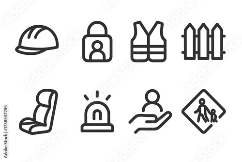 Child Safety Icons. Outline icon set of child safety: safety helmet, child lock, life jacket, fence, car seat, alarm bell, guardian hand, crossing sign. Line