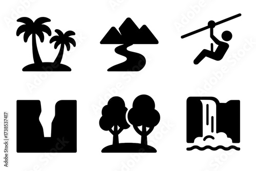 Zip Line Adventure Icons. Solid, filled icon set of zip line environment: jungle trees, mountain ridge, river below, cliff edge, tropical forest, canyon walls,