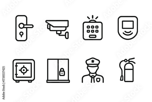Home Security Icons. Outline icon set of home security: door lock, security camera, alarm system, motion sensor, safe, window lock, security guard, fire