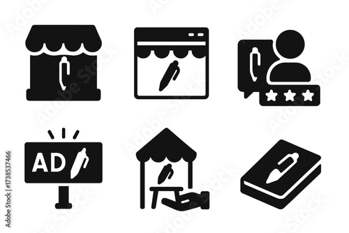 Pen Marketing Icons. Solid, filled icon set of pen sales and marketing: storefront, online shop, discount tag, customer review, ad banner, promotional event,