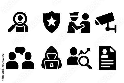 Agency Action Icons. Solid, filled icon set of agency actions: investigate, protect, arrest, surveil, negotiate, hack, analyze, report. [Line icons in only