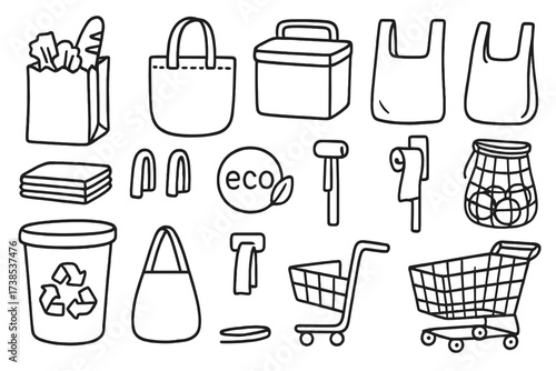 Grocery Bag Icons. Grocery Store Bags. Hand-drawn doodle illustration paper grocery bag, reusable cloth tote, insulated cooler bag, plastic bag, mesh produce