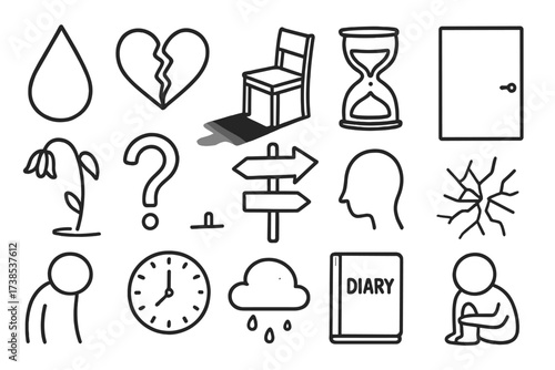 Future Uncertainty Icons. Hand-drawn doodle illustration loss, reflection, and future doubt teardrop, broken heart, fading shadow, empty chair, hourglass,