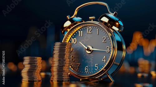 Vintage alarm clock gold coin finance investment savings time management wealth money deadline growth golden alarm clock coin stack finance concept