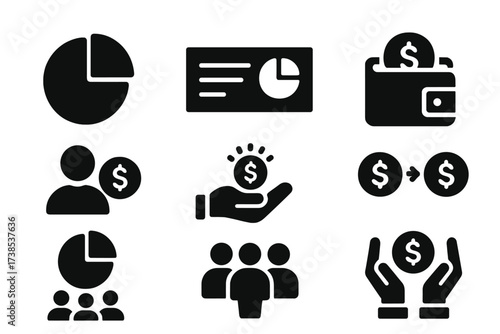 Profit Distribution Icons. Solid, filled icon set of profit distribution: pie chart slices, dividend check, wallet share, cash payout, shareholder icon, bonus