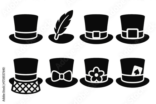 Top Hat Icon Set. Solid, filled icon set of top hat accessories: hatband, feather, ribbon, buckle, veil, bow, flower, card. Solid, filled icons in only black