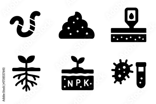 Organic Soil Health Icons. Solid, filled icon set of organic bean soil health: earthworm, compost pile, soil layers, moisture meter, roots, soil nutrients,