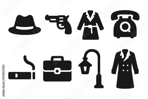 Noir Icon Set. Solid, filled icon set of noir mystery: fedora, revolver, raincoat, old phone, cigarette, briefcase, alley lamp, trench coat. Solid, filled