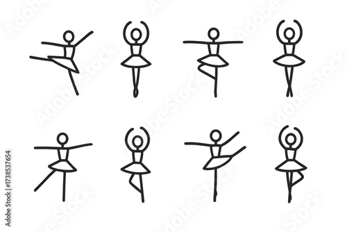 Ballet Motions Icons. Outline icon set of ballet movements: jete, releve, tendu, saute, glissade, pas de chat, grand battement, pirouette. Line icons Outline