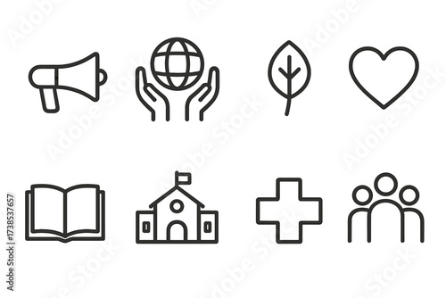 Foundation Impact Icons. Outline icon set of foundation outreach and impact: megaphone, hands holding globe, leaf, heart, open book, school, healthcare cross,