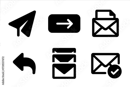 Mail Icon Set. Solid, filled icon set of mail sending: paper plane, send button, envelope, mail draft, reply arrow, forward arrow, mail queue, send