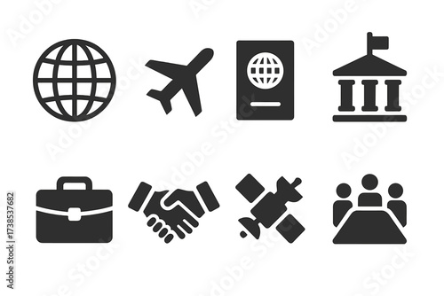 Oligarch Connection Icons. Solid, filled icon set of oligarch international connections: globe, airplane, passport, embassy, briefcase, handshake, satellite,