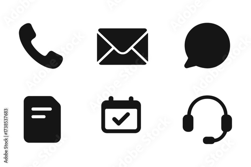 Loan Request Icon Set. Solid, filled icon set of loan request communication: phone call, email envelope, chat bubble, notification bell, message paper,