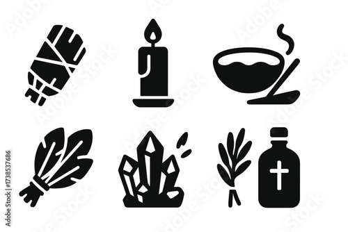 Cleansing Ritual Icons. Solid, filled icon set of cleansing rituals: sage bundle, burning candle, bowl of water, incense stick, feather fan, crystal cluster,