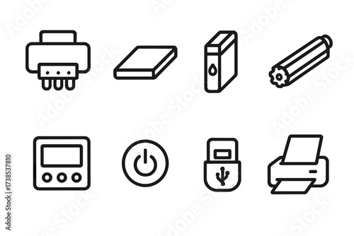 Printer Icon Set. Outline icon set of printer parts: print head, paper tray, ink cartridge, toner cartridge, control panel, power button, USB port, paper