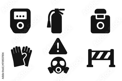 Fuel Cell Safety Icons. Solid, filled icon set of fuel cell safety equipment: gas detector, fire extinguisher, safety helmet, emergency shutoff, warning sign,